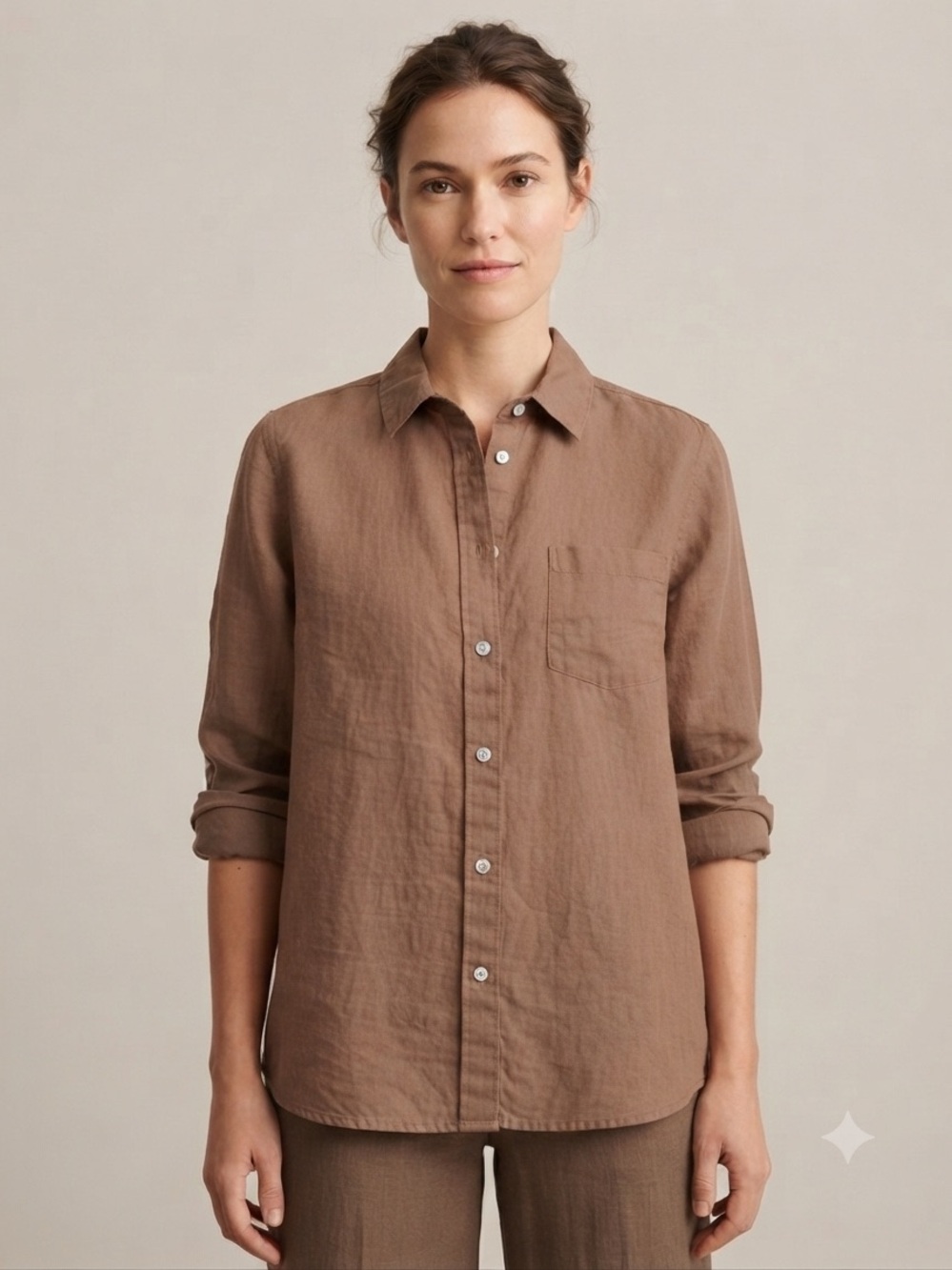 Brown 100% Linen Button-Up Shirt - Picture 2 of 5